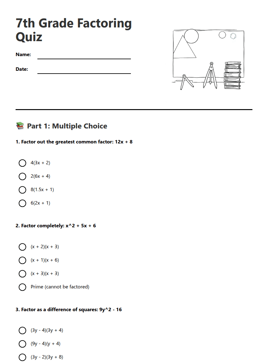 7th Grade Factoring Quiz worksheet preview