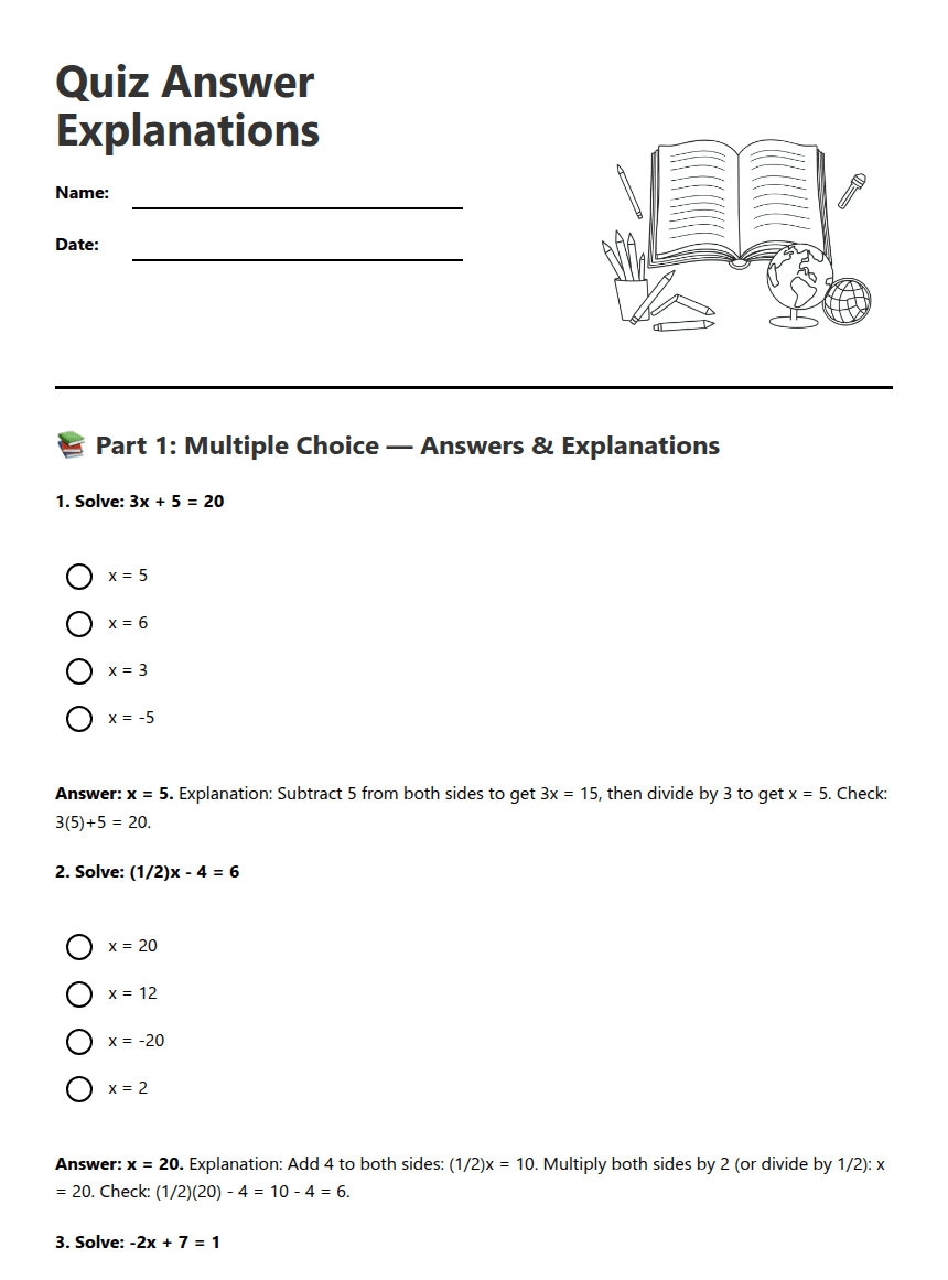 Quiz Answer Explanations worksheet preview