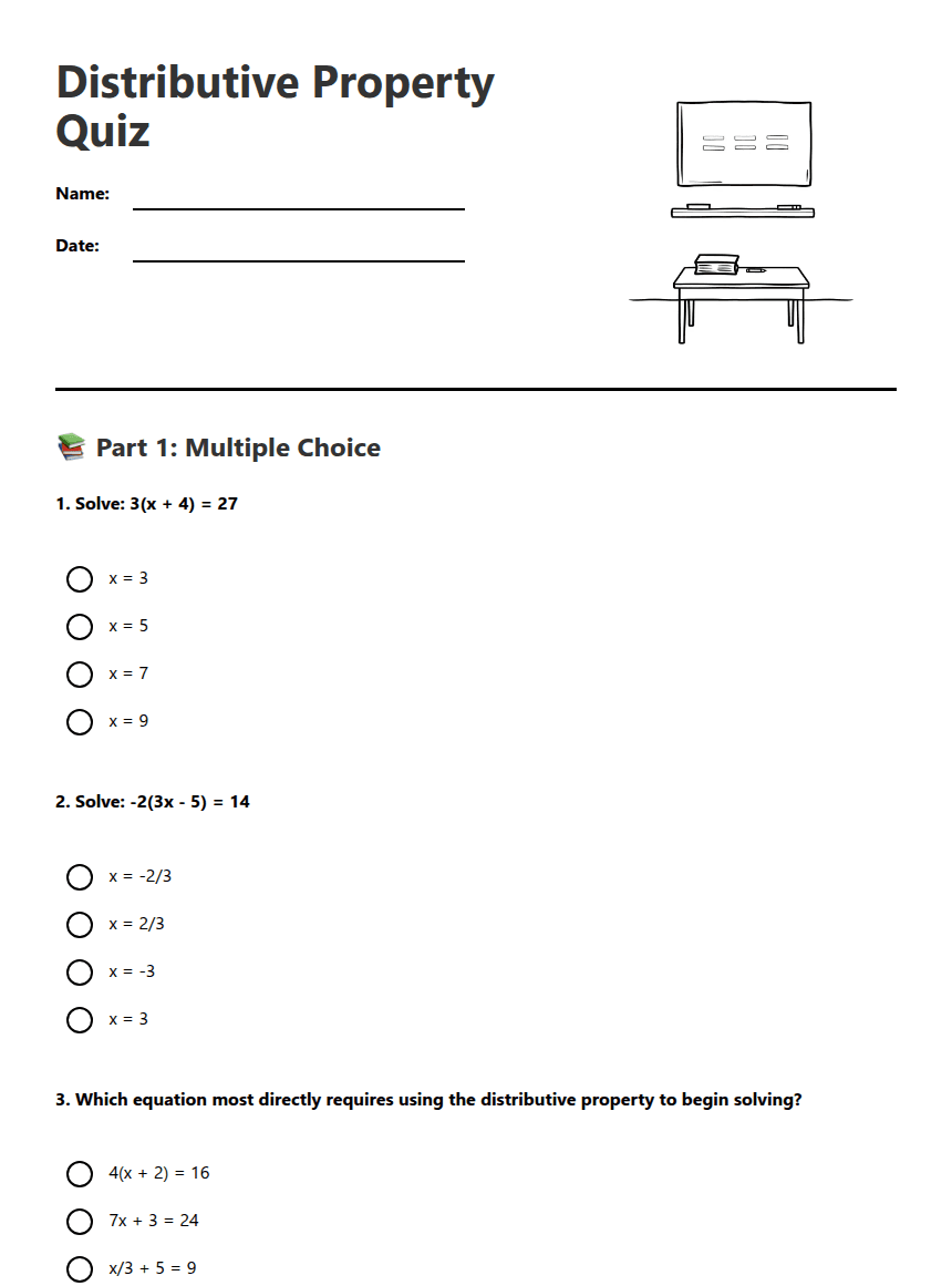 Distributive Property Quiz worksheet preview