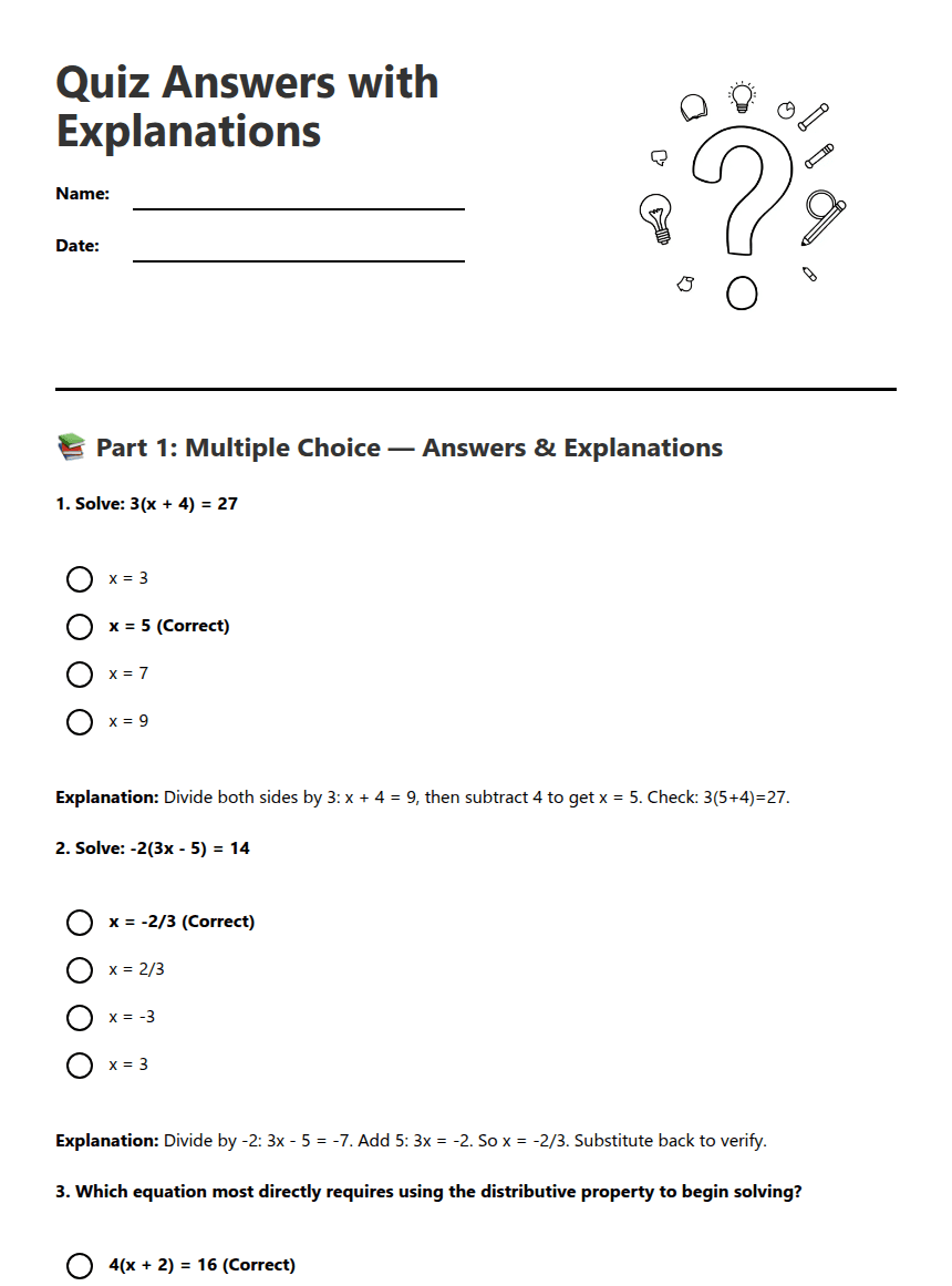 Quiz Answers with Explanations worksheet preview