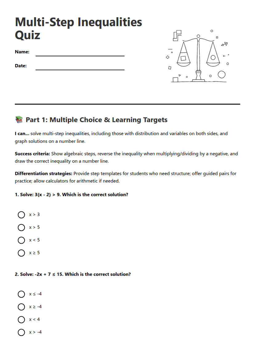 Multi-Step Inequalities Quiz