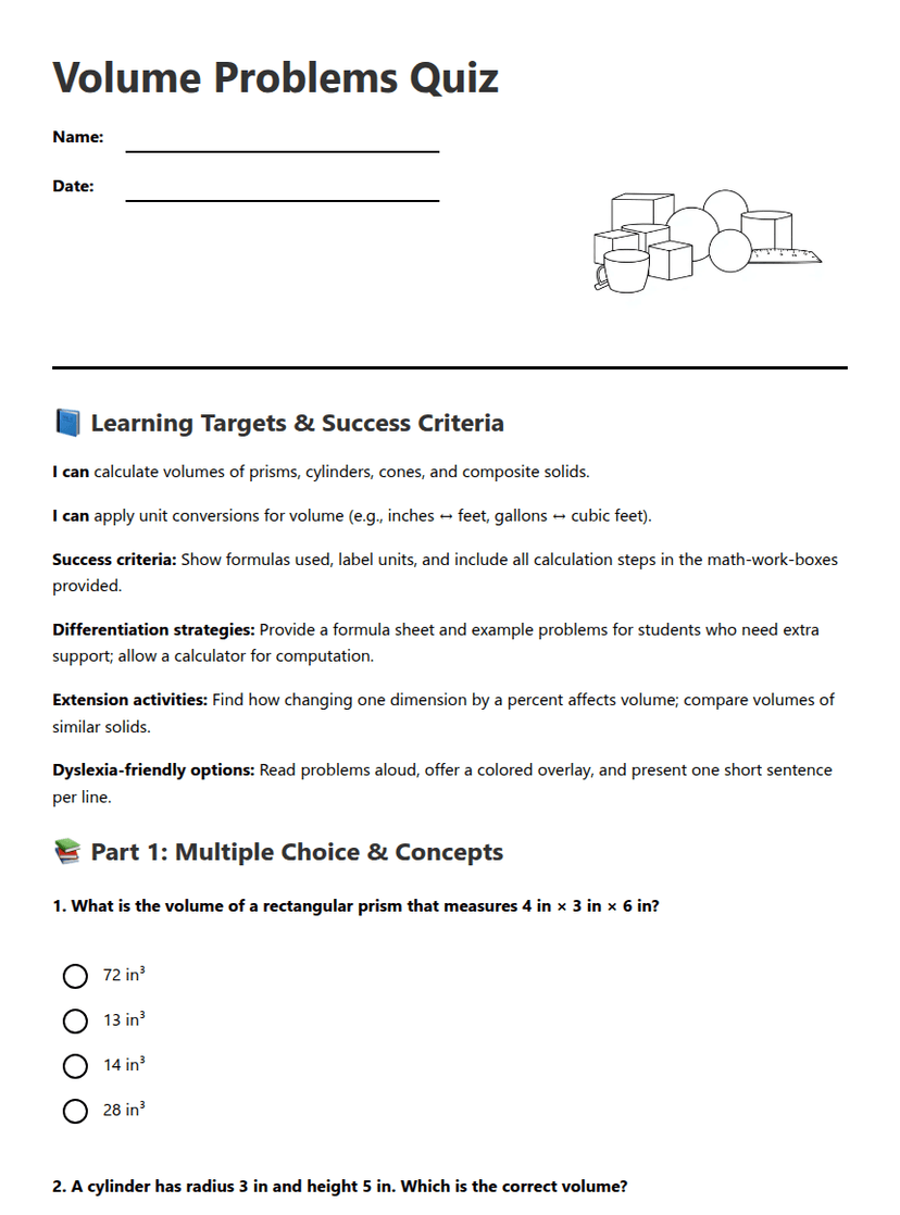 Volume Problems Quiz