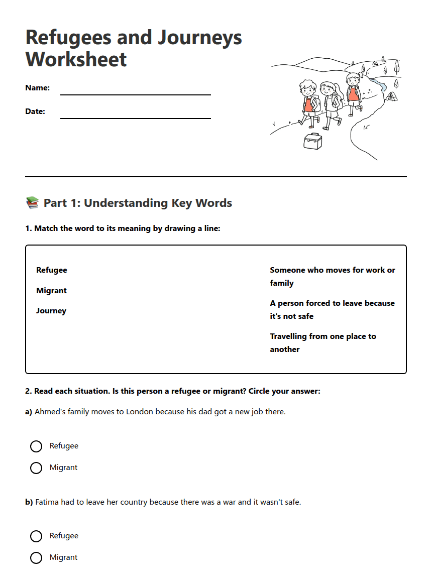 Refugees and Journeys Worksheet worksheet preview