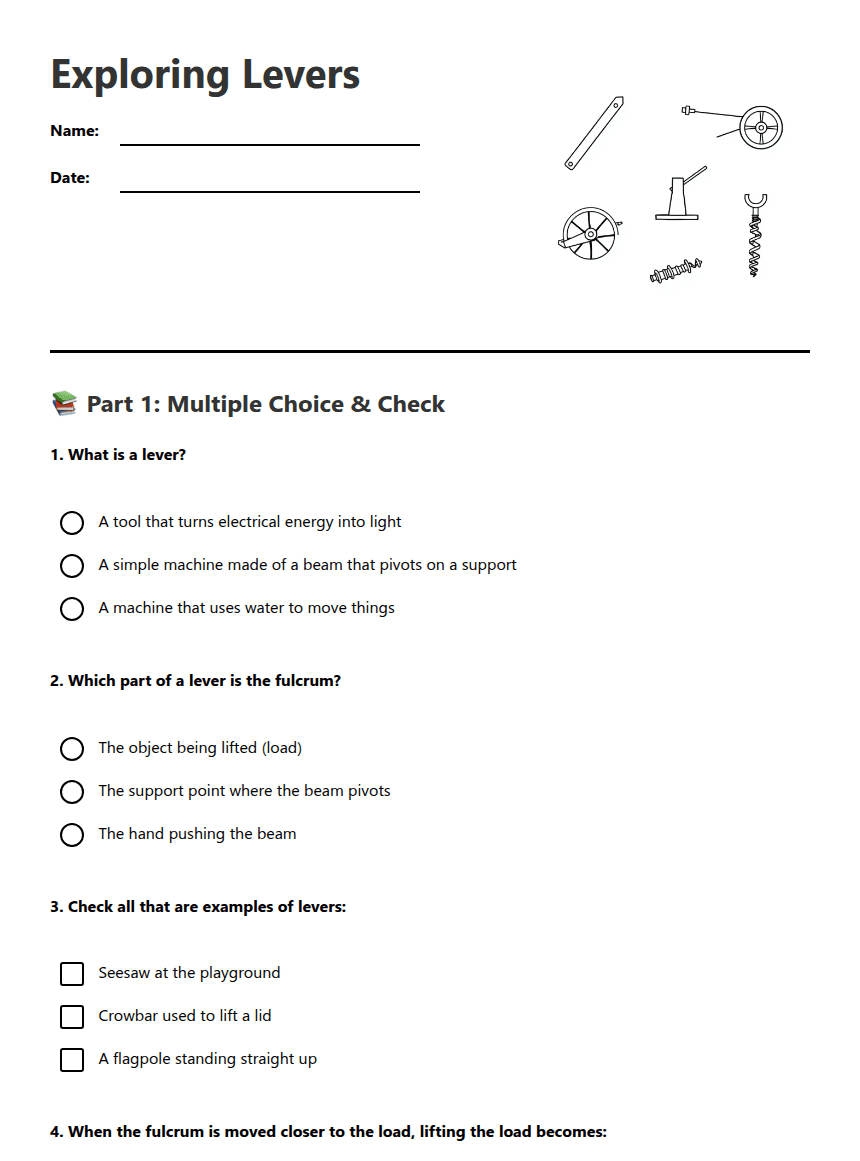 Exploring Levers worksheet preview