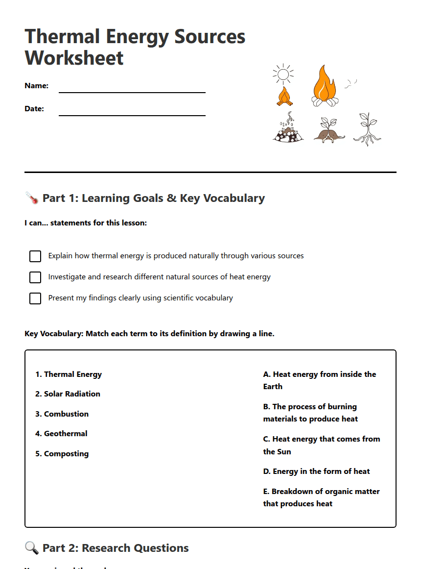 Thermal Energy Sources Worksheet worksheet preview