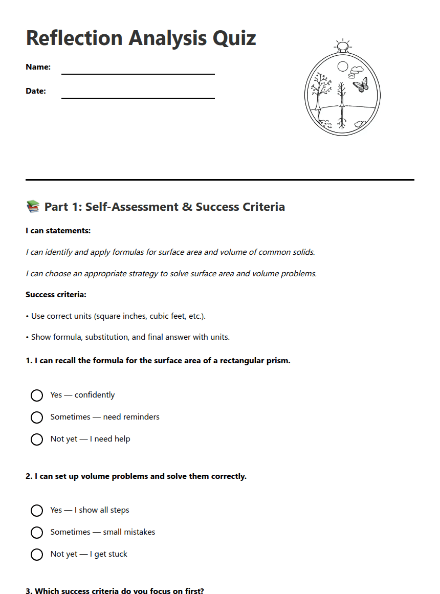 Reflection Analysis Quiz worksheet preview