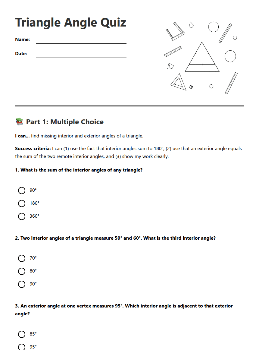Triangle Angle Quiz worksheet preview