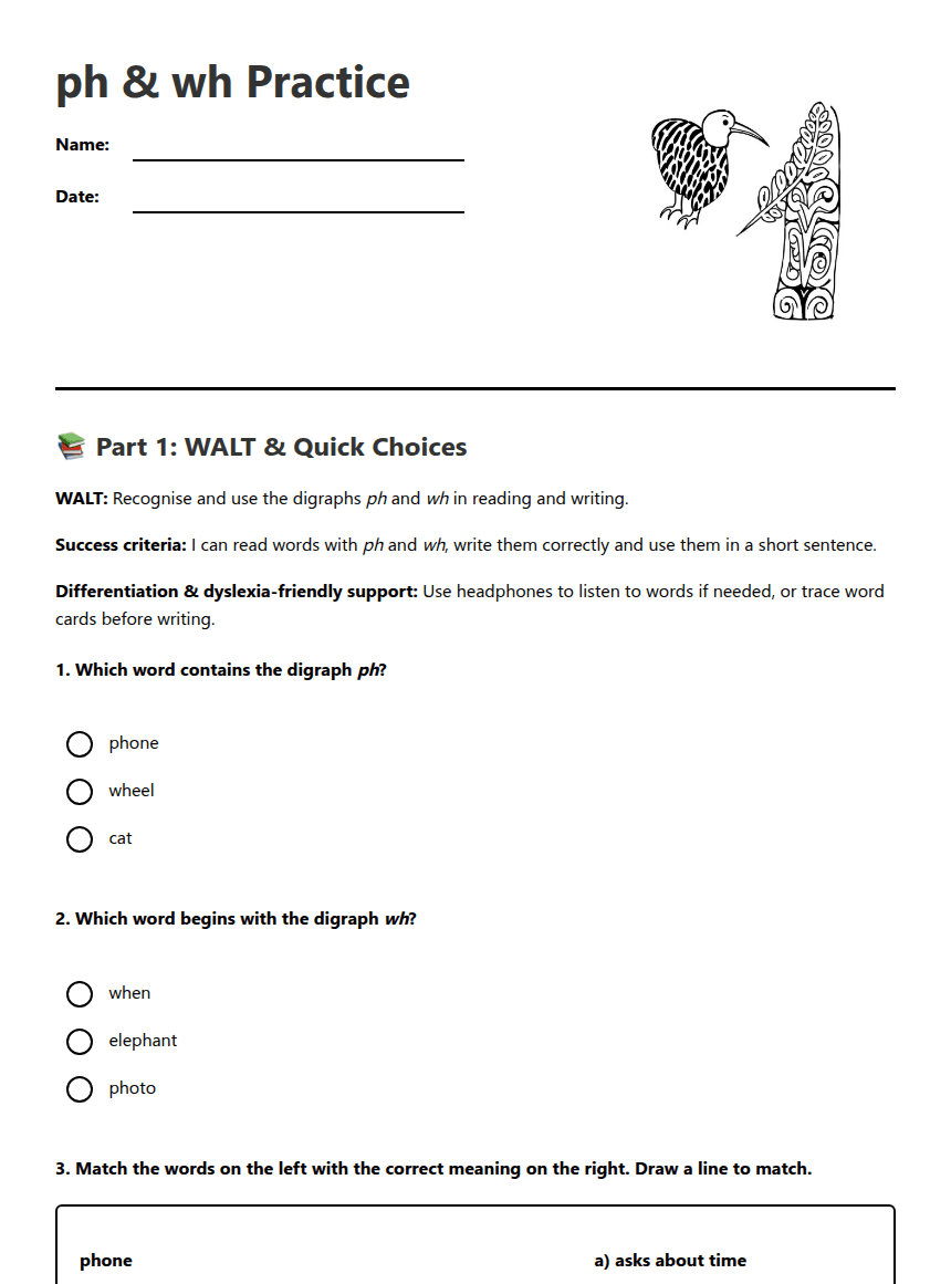 ph & wh Practice worksheet preview