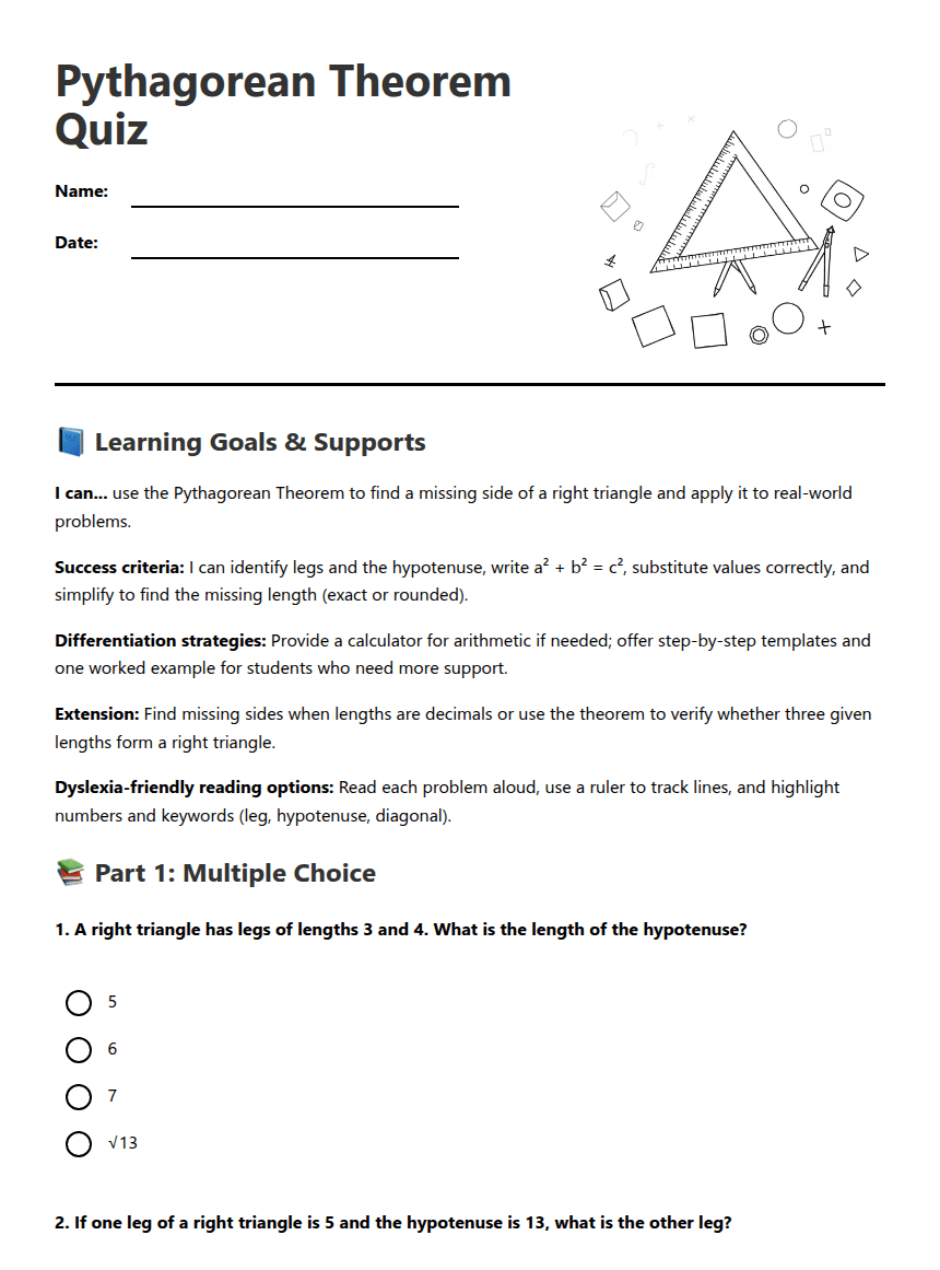 Pythagorean Theorem Quiz worksheet preview