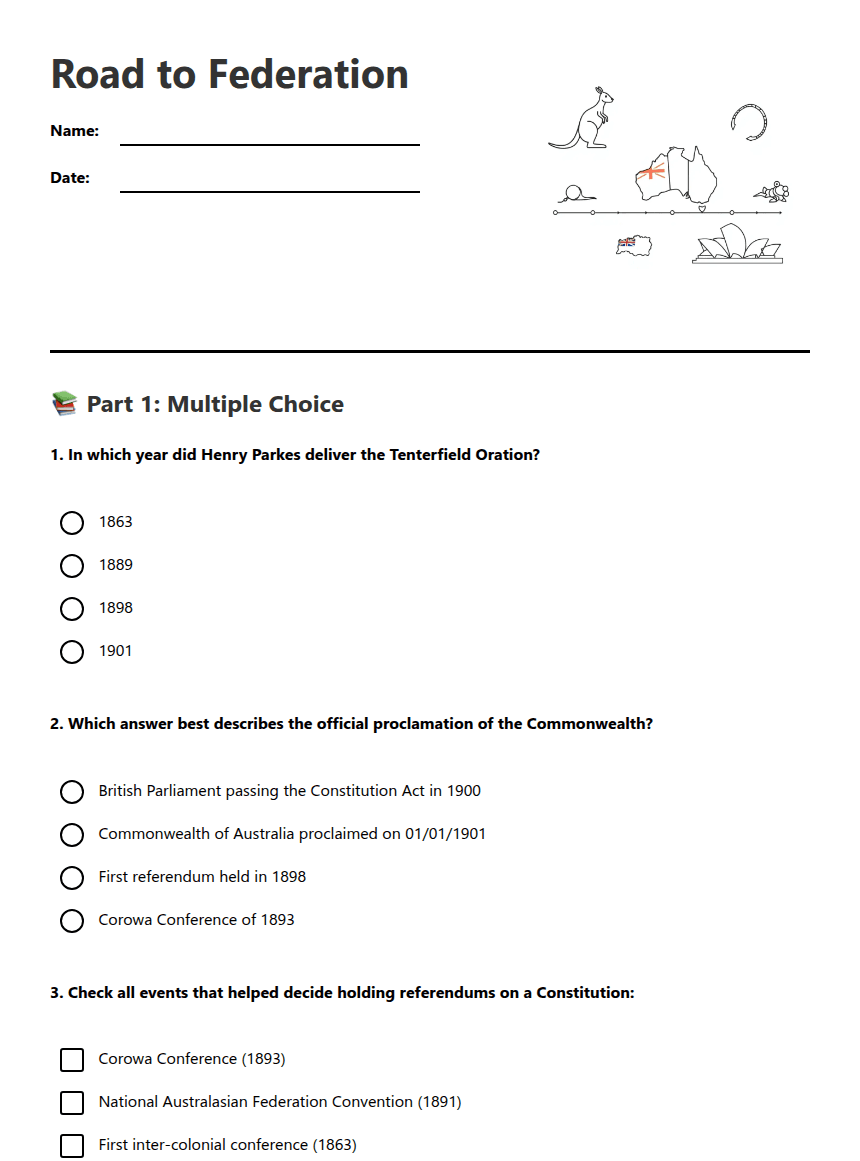 Road to Federation worksheet preview