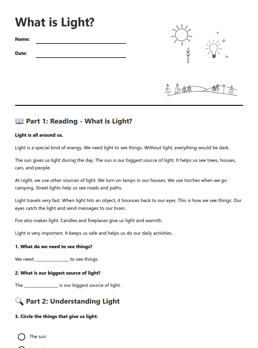 What is Light? worksheet preview
