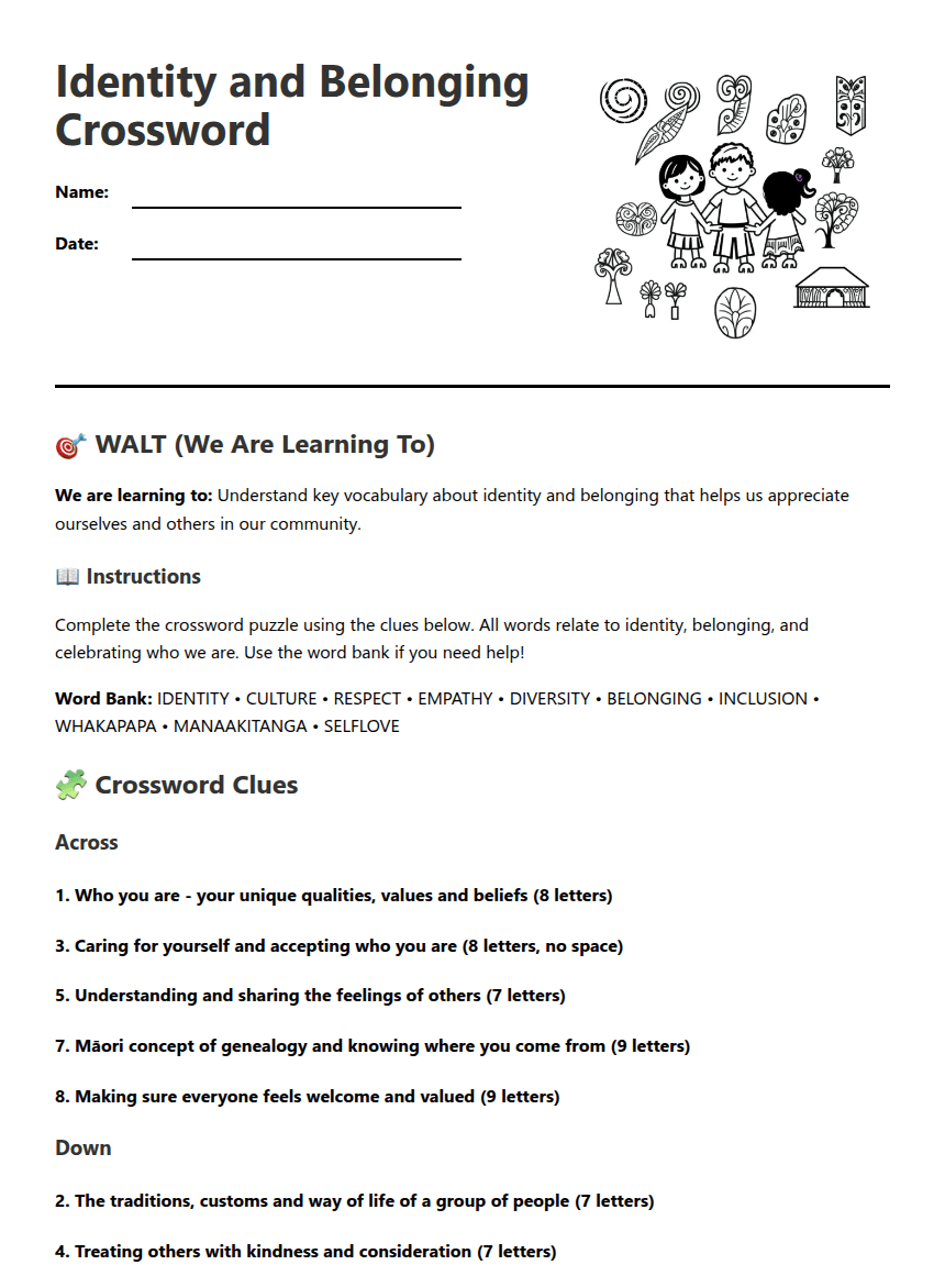 Identity and Belonging Crossword worksheet preview