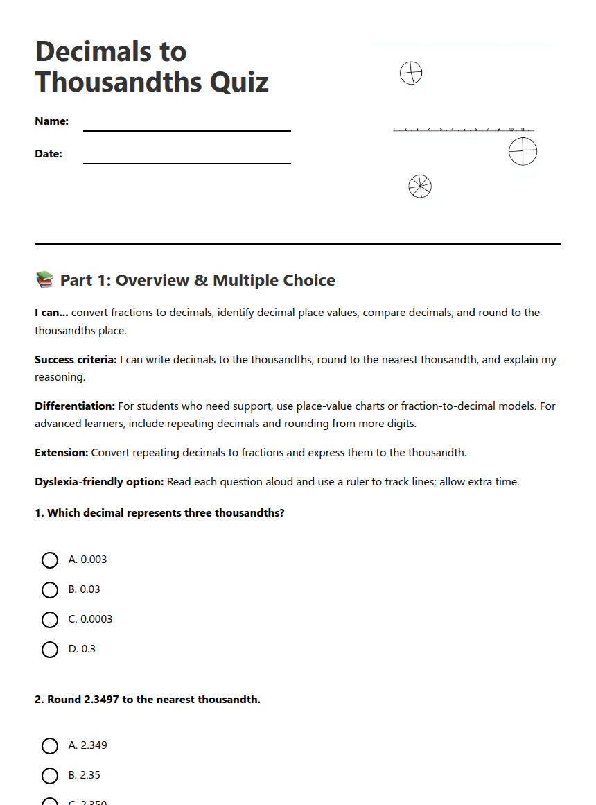 Decimals to Thousandths Quiz worksheet preview