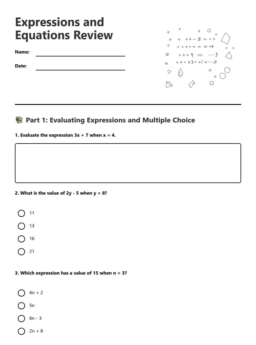 Expressions and Equations Review worksheet preview