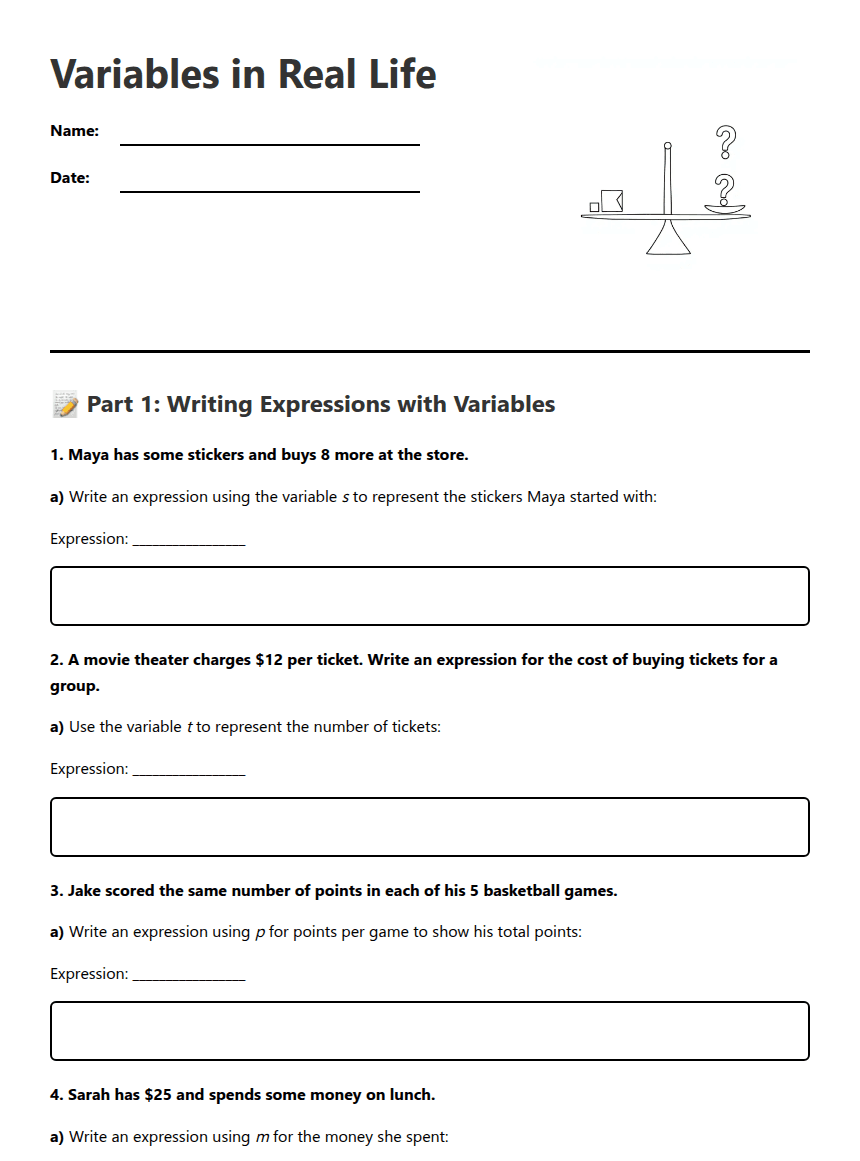 Variables in Real Life worksheet preview