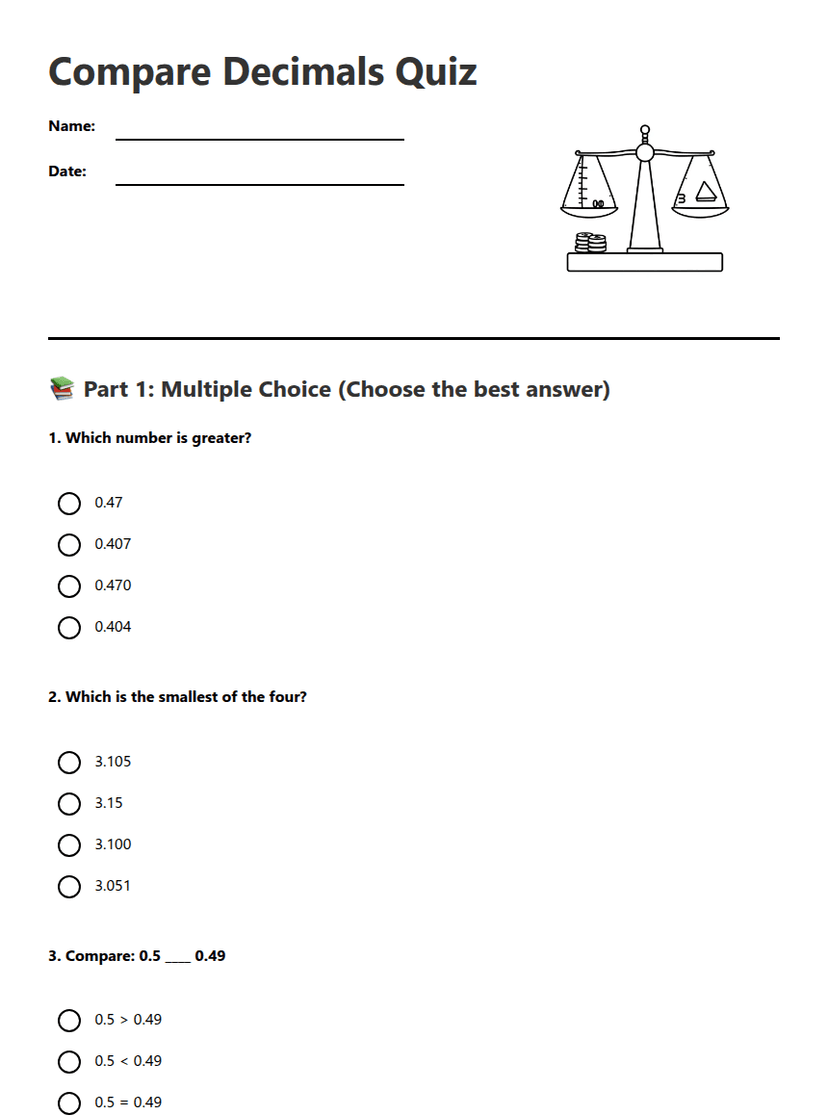 Compare Decimals Quiz