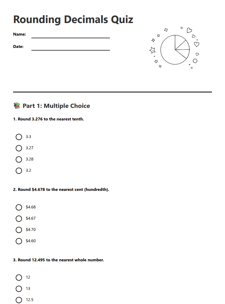 Rounding Decimals Quiz worksheet preview
