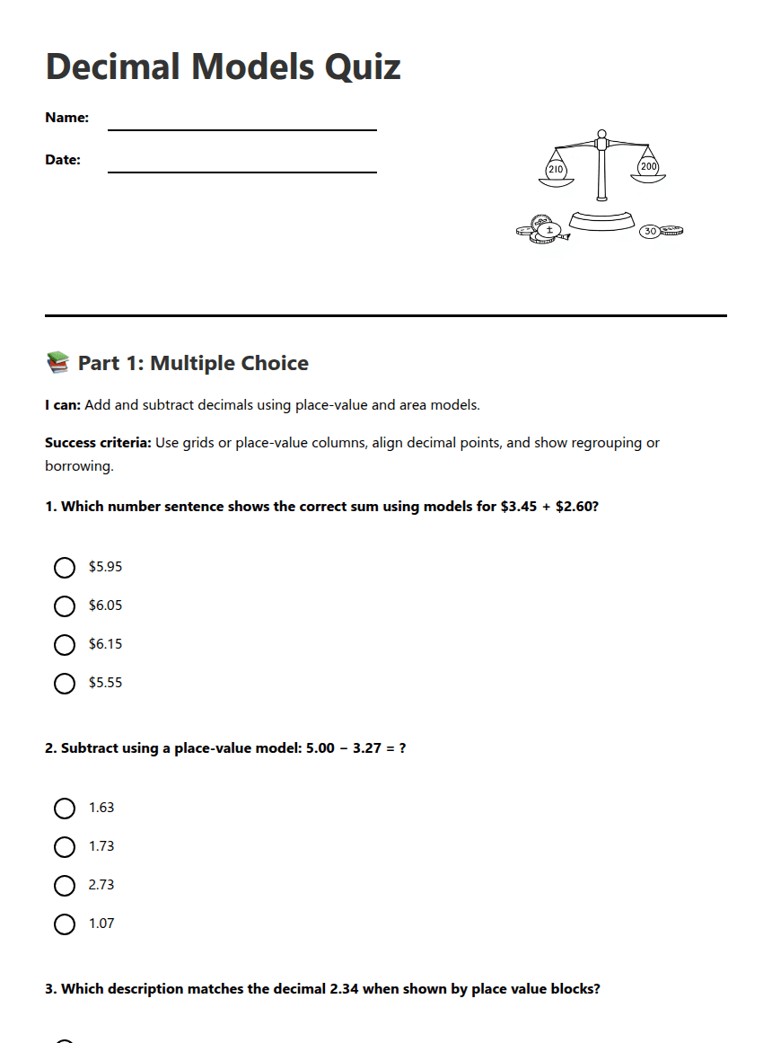 Decimal Models Quiz worksheet preview