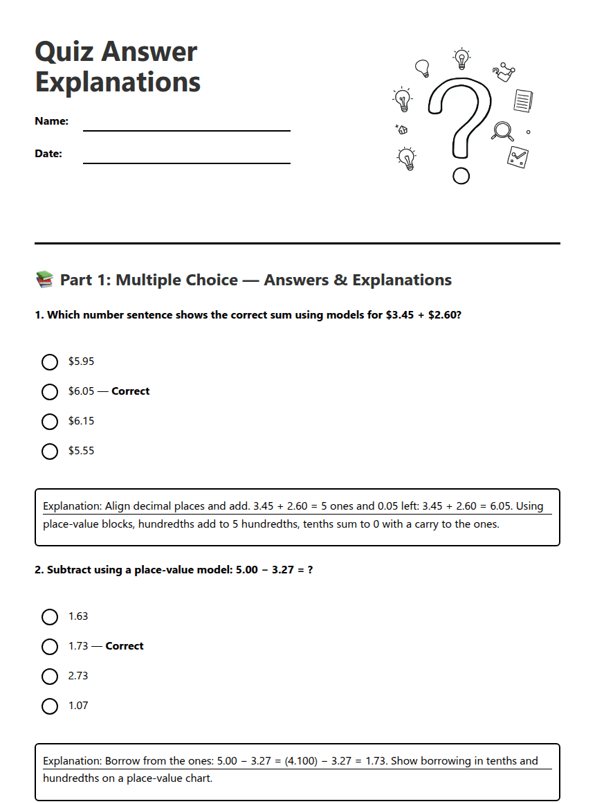 Quiz Answer Explanations worksheet preview