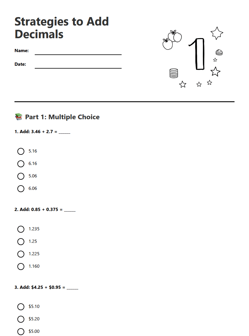 Strategies to Add Decimals worksheet preview