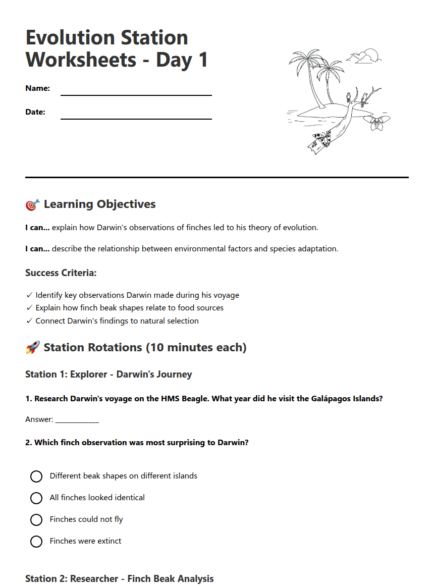Evolution Station Worksheets worksheet preview