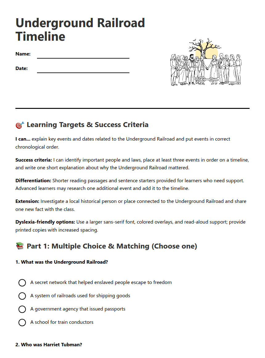 Underground Railroad Timeline worksheet preview