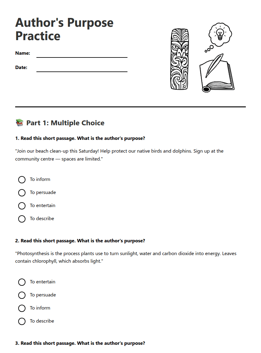 Author's Purpose Practice worksheet preview