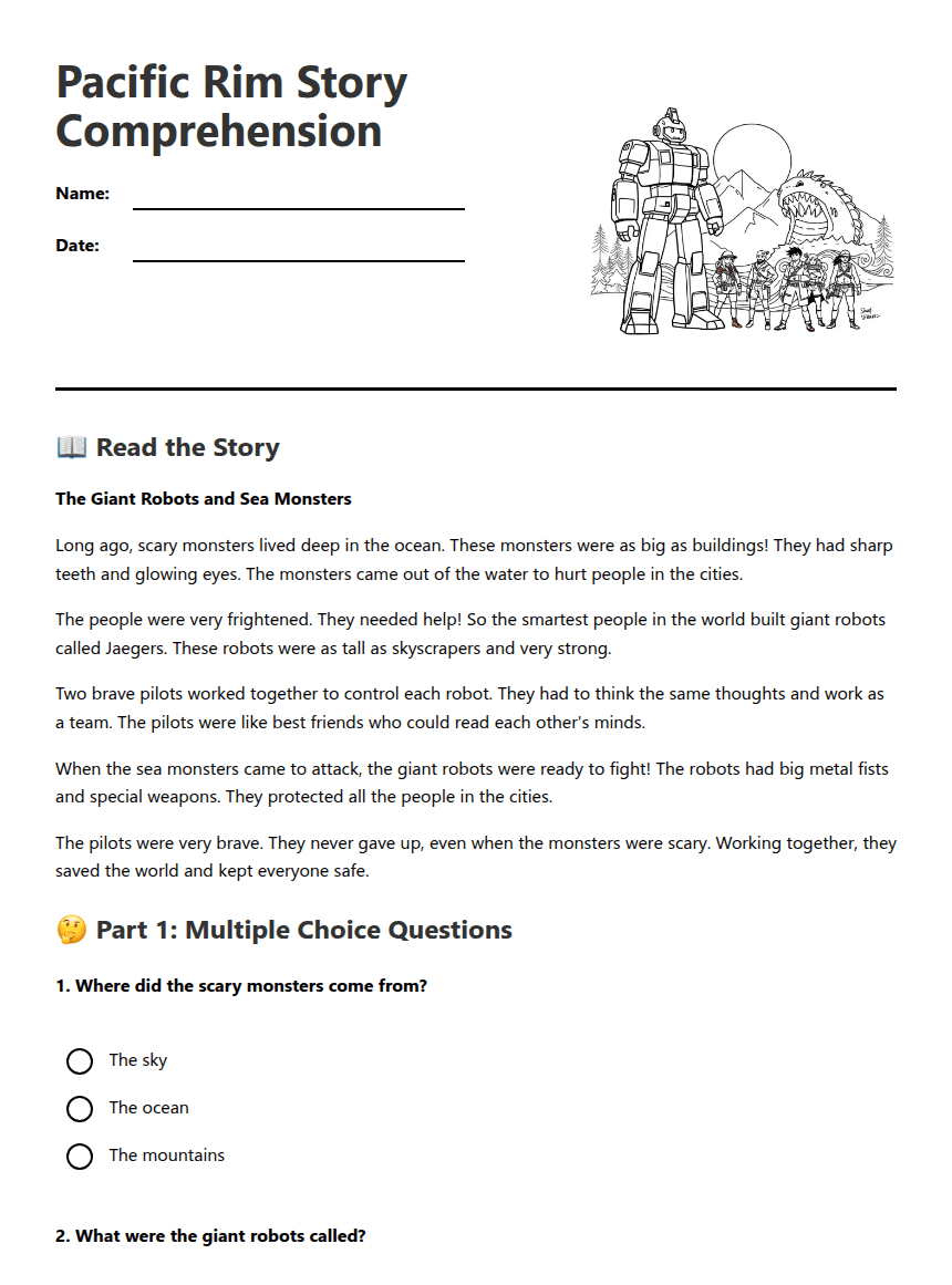 Pacific Rim Story Comprehension worksheet preview