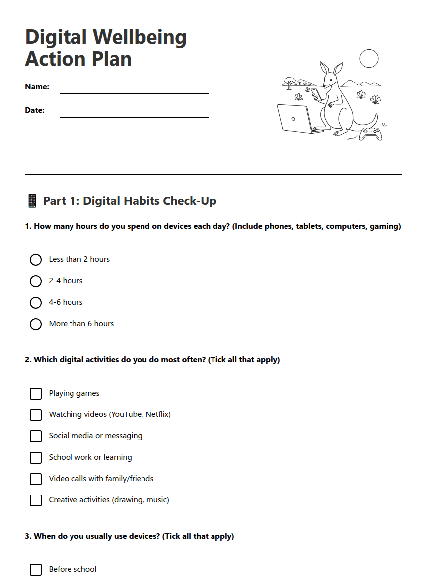 Digital Wellbeing Action Plan worksheet preview