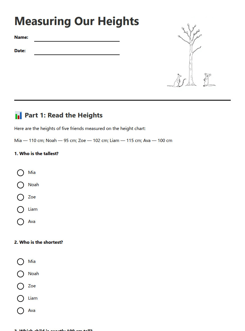 Measuring Our Heights worksheet preview