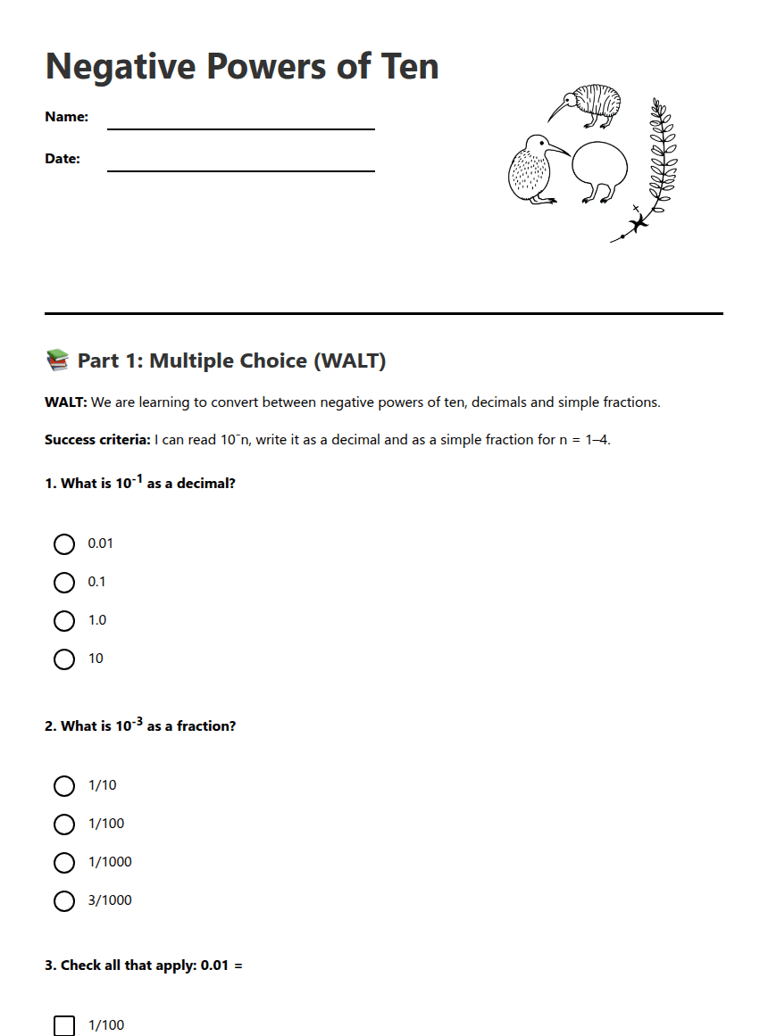 Negative Powers of Ten worksheet preview
