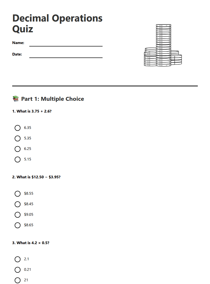 Decimal Operations Quiz worksheet preview