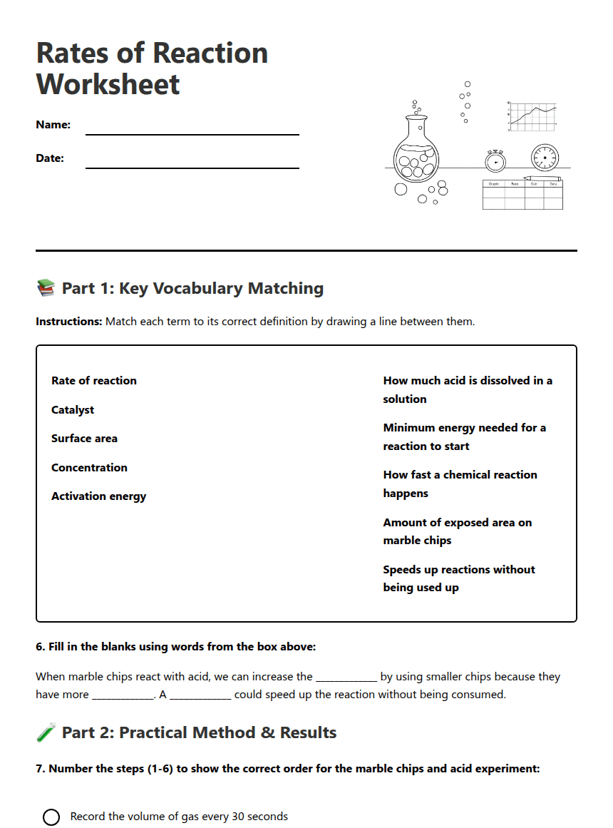 Rates of Reaction Worksheet worksheet preview