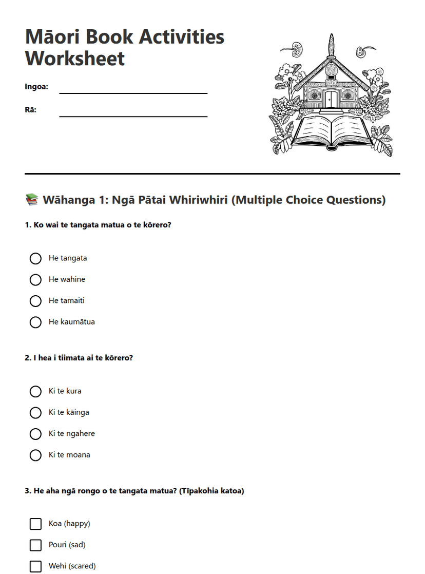 Māori Book Activities Worksheet