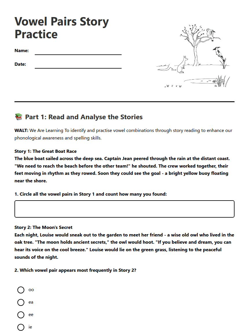 Vowel Pairs Story Practice worksheet preview