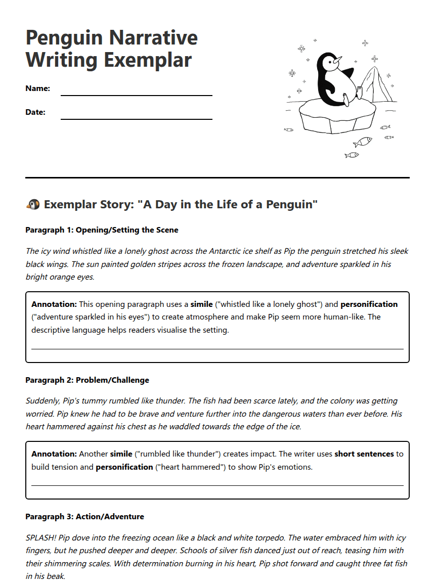 Penguin Narrative Writing Exemplar worksheet preview