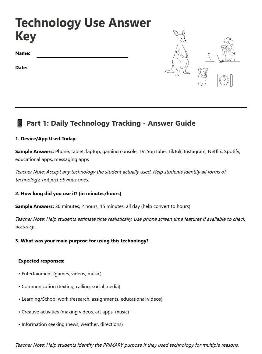 Technology Use Answer Key worksheet preview