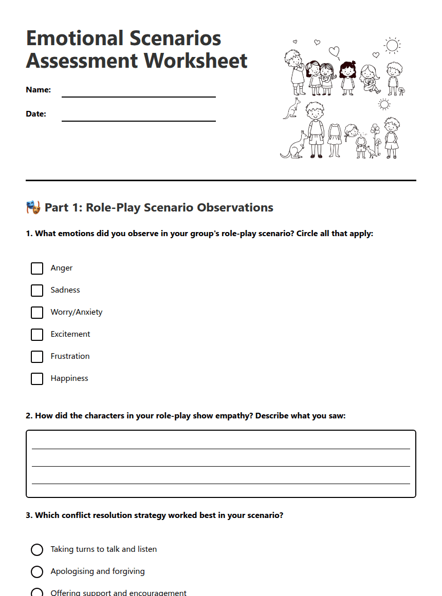 Emotional Scenarios Assessment Worksheet worksheet preview