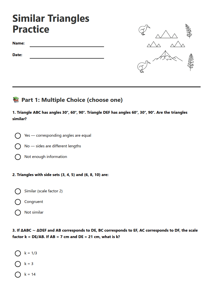 Similar Triangles Practice worksheet preview