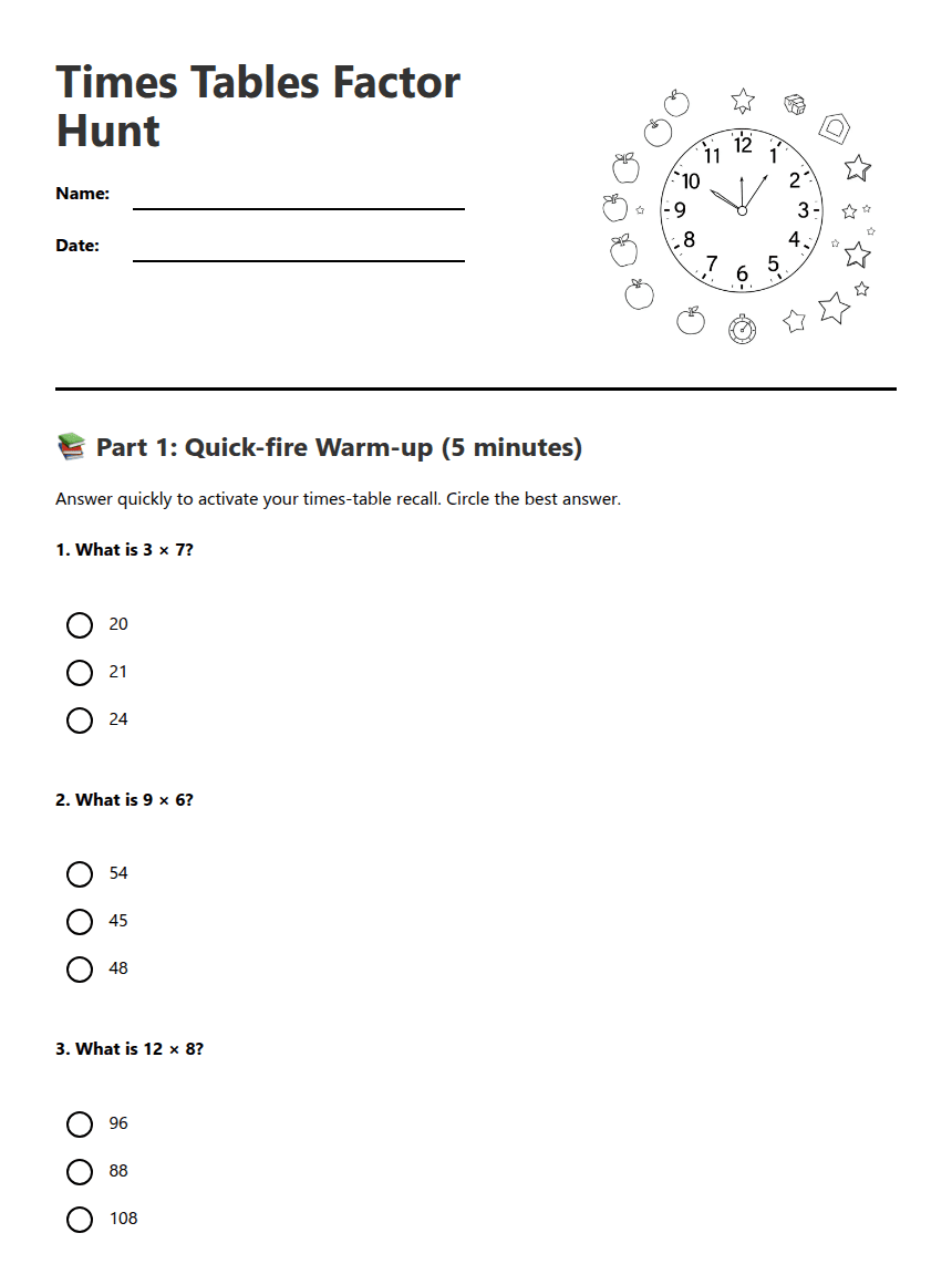 Times Tables Factor Hunt worksheet preview