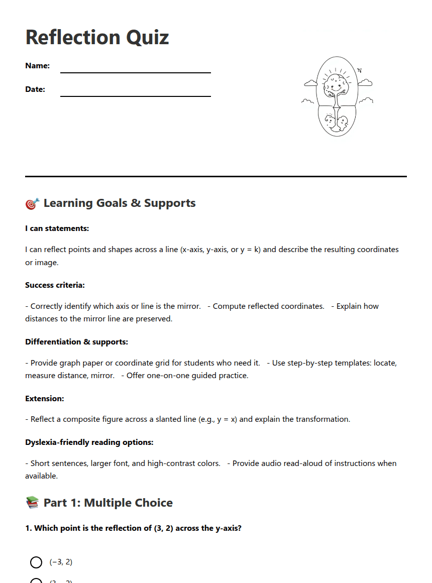 Reflection Quiz worksheet preview