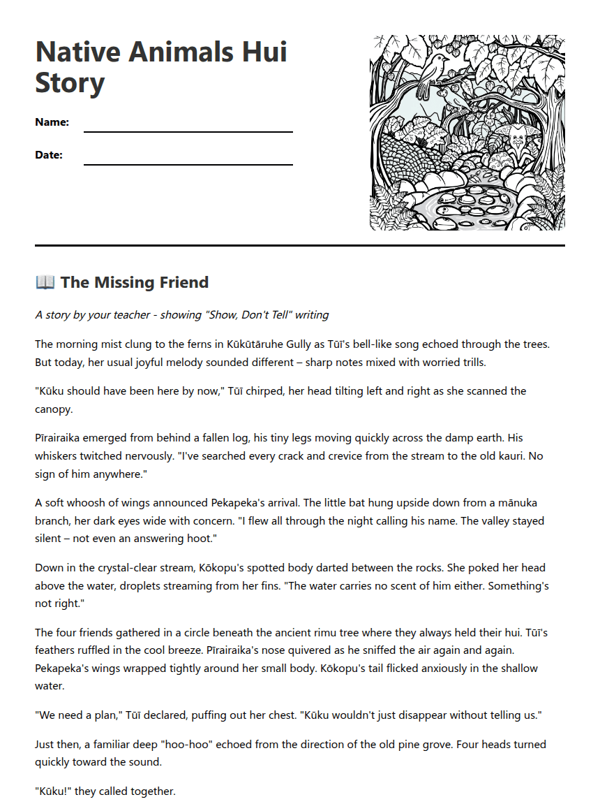 Native Animals Hui Story worksheet preview