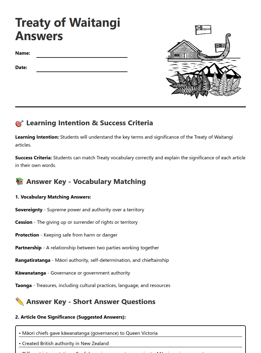 Treaty of Waitangi Answers worksheet preview