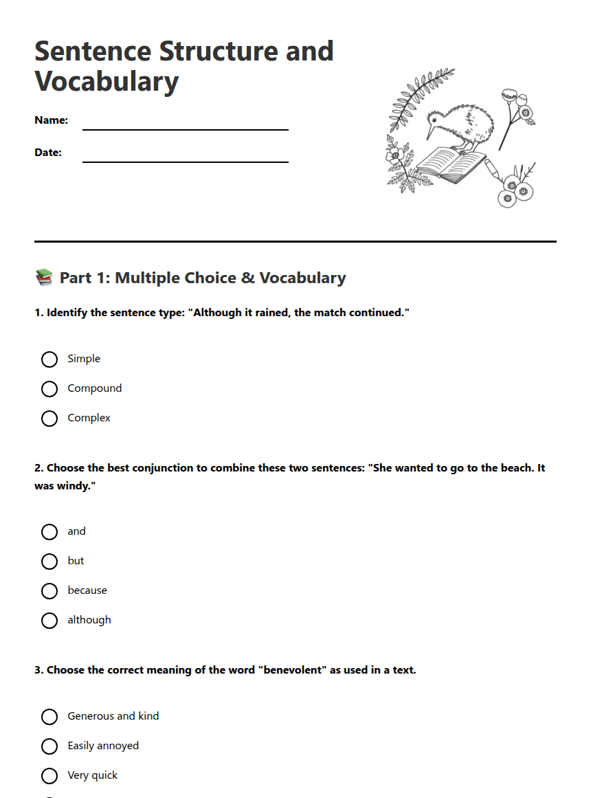 Sentence Structure and Vocabulary worksheet preview
