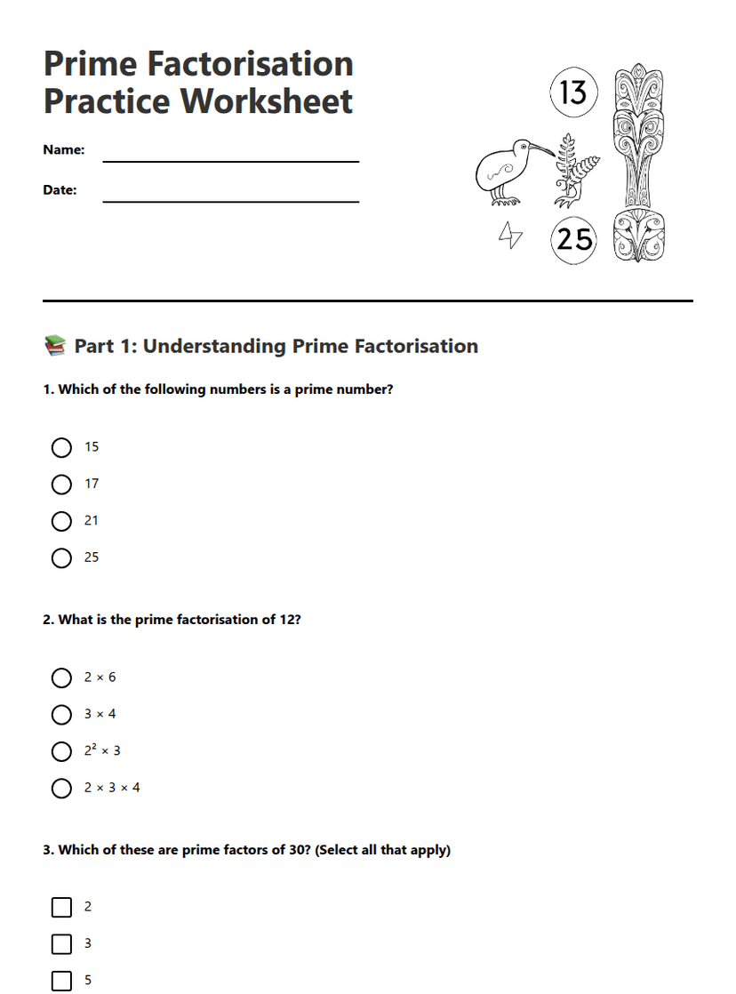 Prime Factorisation Practice Worksheet