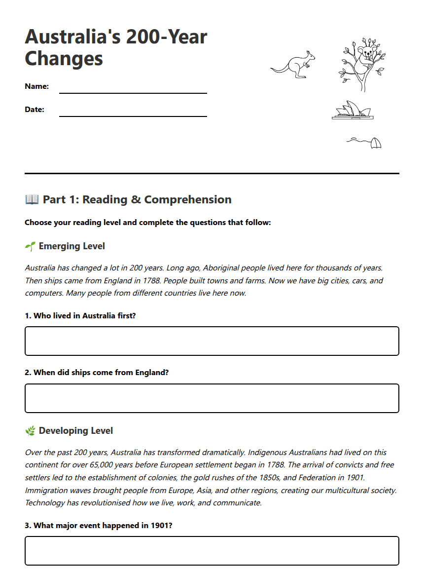 Australia's 200-Year Changes worksheet preview