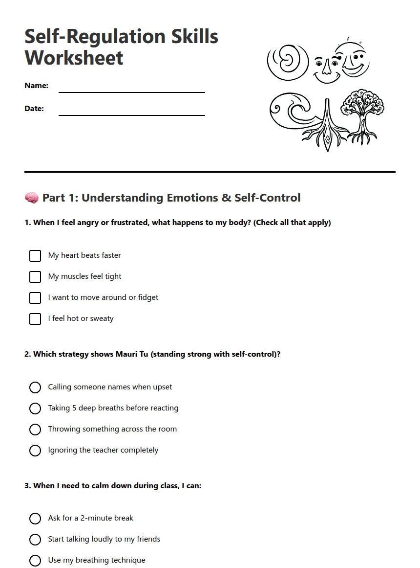 Self-Regulation Skills Worksheet worksheet preview