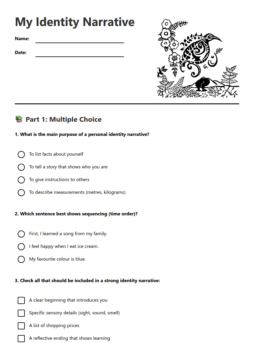 My Identity Narrative worksheet preview