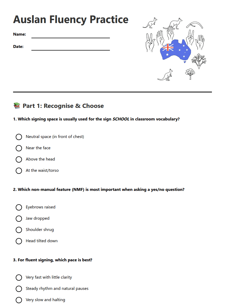 Auslan Fluency Practice worksheet preview