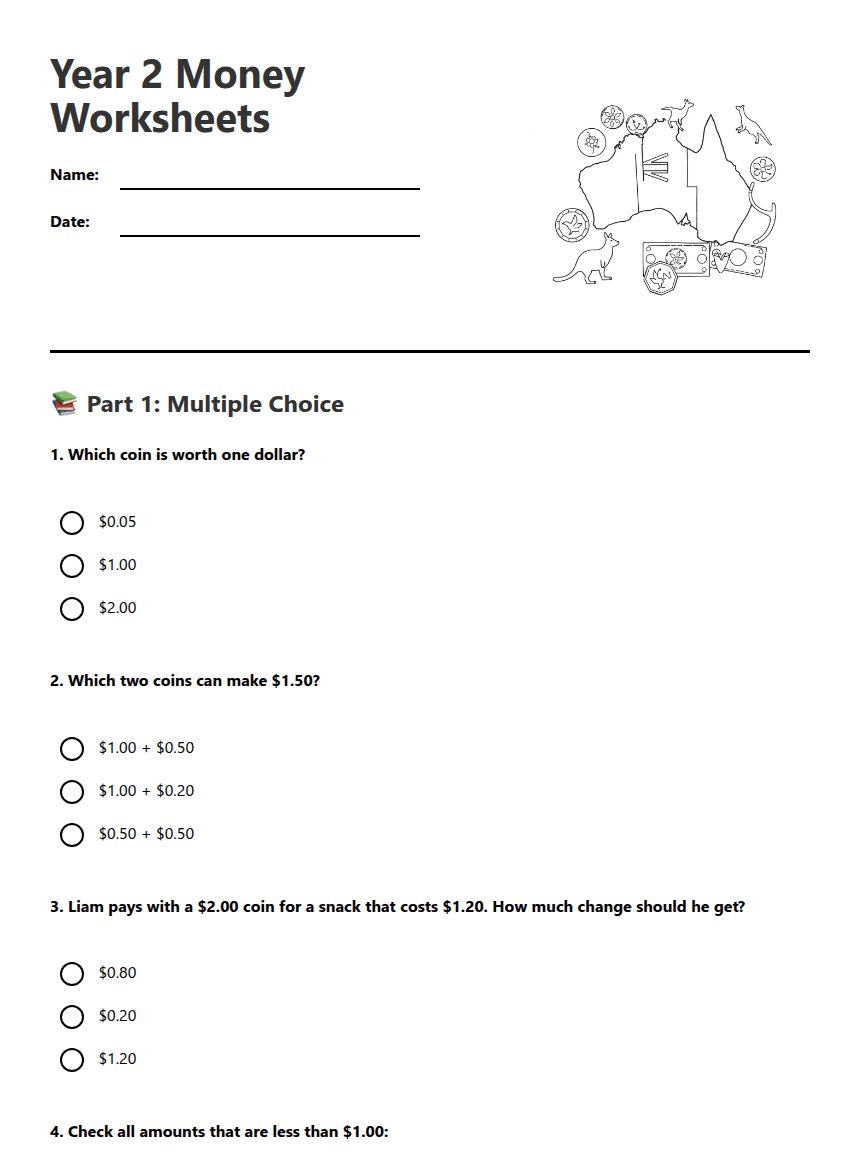 Year 2 Money Worksheets worksheet preview